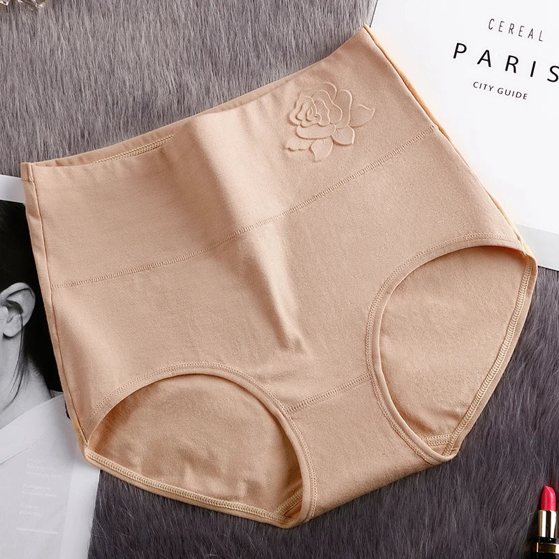 Embossed ROSE cotton breathable plus high waist panties