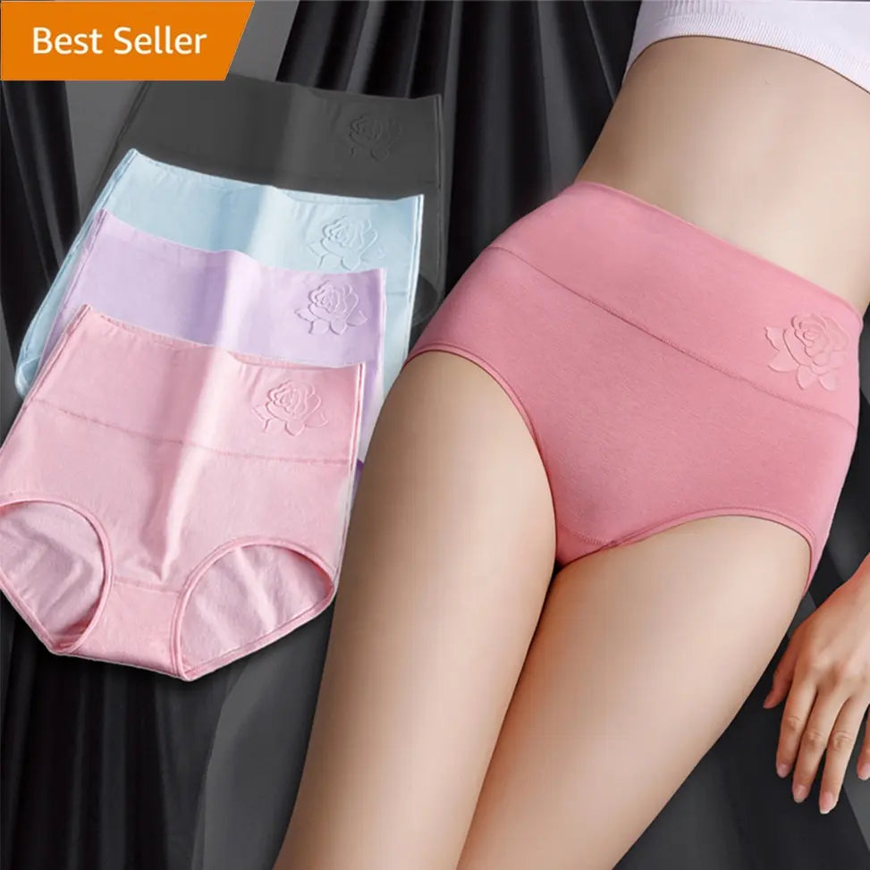 Embossed ROSE cotton breathable plus high waist panties